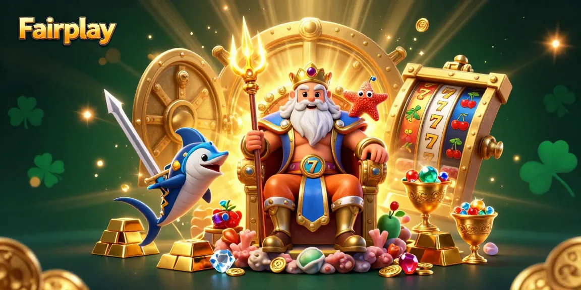 Engage with Fairplay's vibrant casino world, featuring Neptune, treasure, and slot elements in a rich scene.