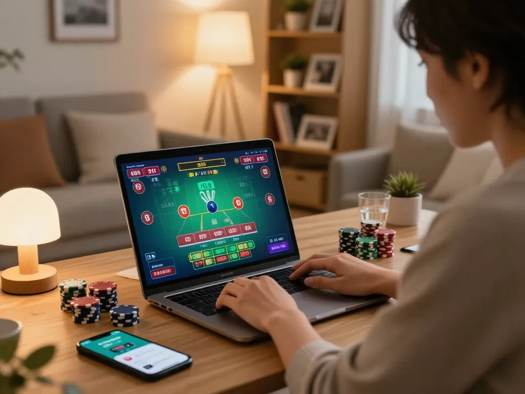 KBOBET 플레이어가 집에서 노트북으로 블랙잭 게임을 전략적으로 계획하며 책임 있는 게임 환경을 조성하는 모습.