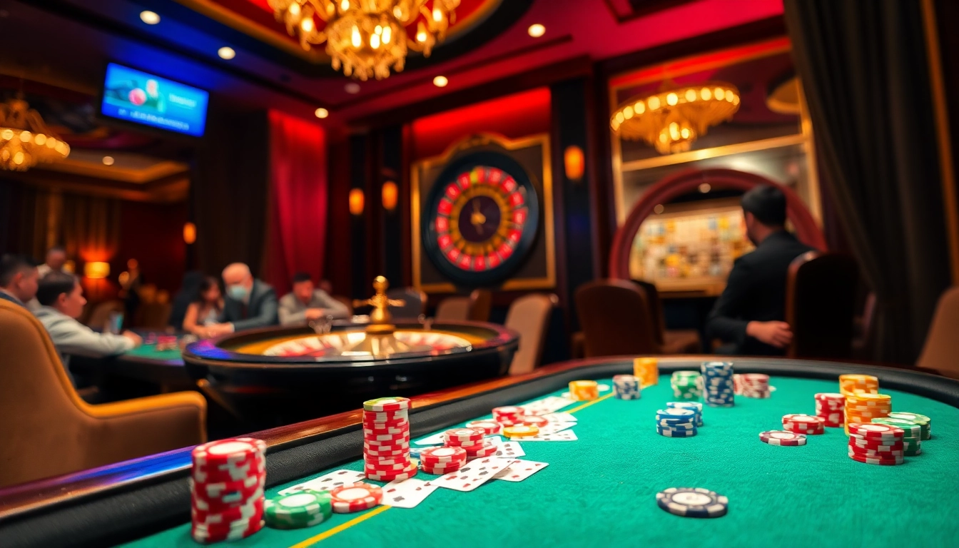 Engaging atmosphere of NHÀ CÁI VT88 with vibrant gaming action at a luxury casino table.