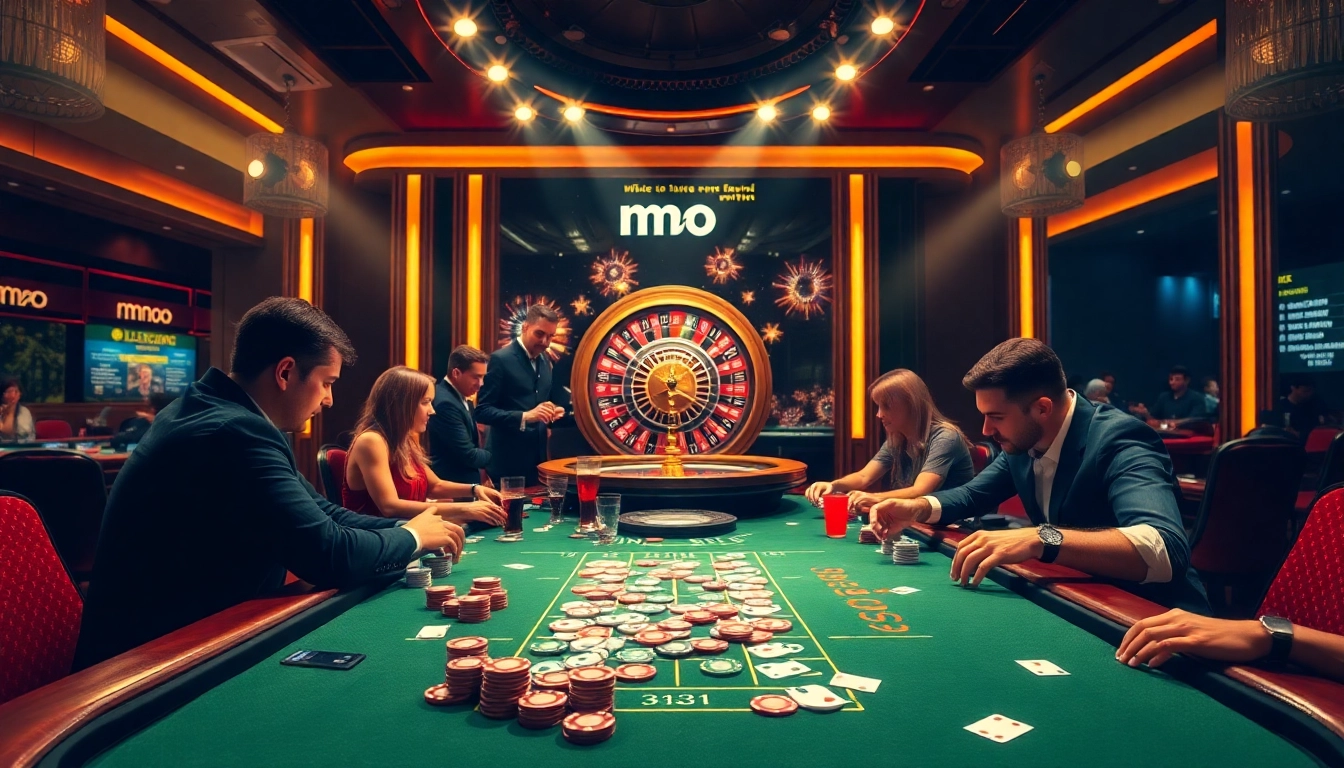 Betting on mmoo at a luxurious casino poker table with vibrant chips and cards.