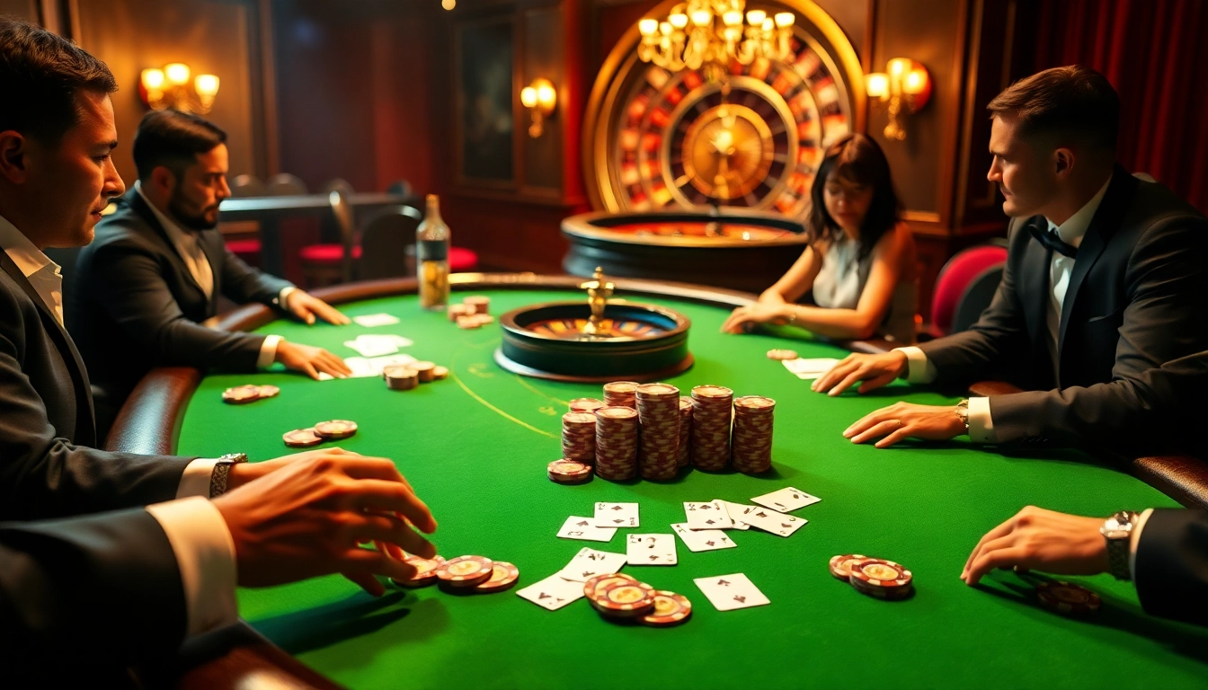 Players enjoying a thrilling poker game at the luxurious BL555 casino table, showcasing excitement and elegance.