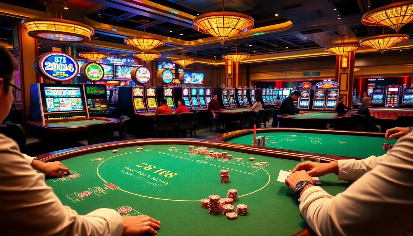 C168 casino scene with players enjoying poker and vibrant slot machines in a luxurious setting