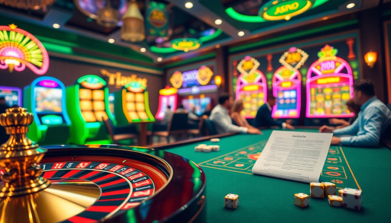 Penjudi yang terlibat di meja kasino merayakan kemenangan dengan datukwin yang sedang beraksi di antara mesin slot yang penuh warna.