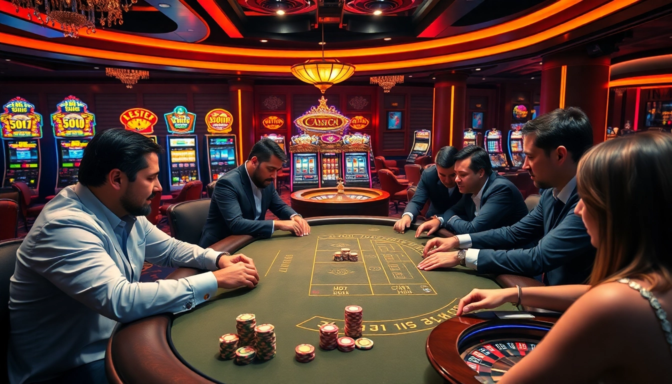 Experience the excitement of 555win with players at a high-stakes poker table amidst colorful slot machines.