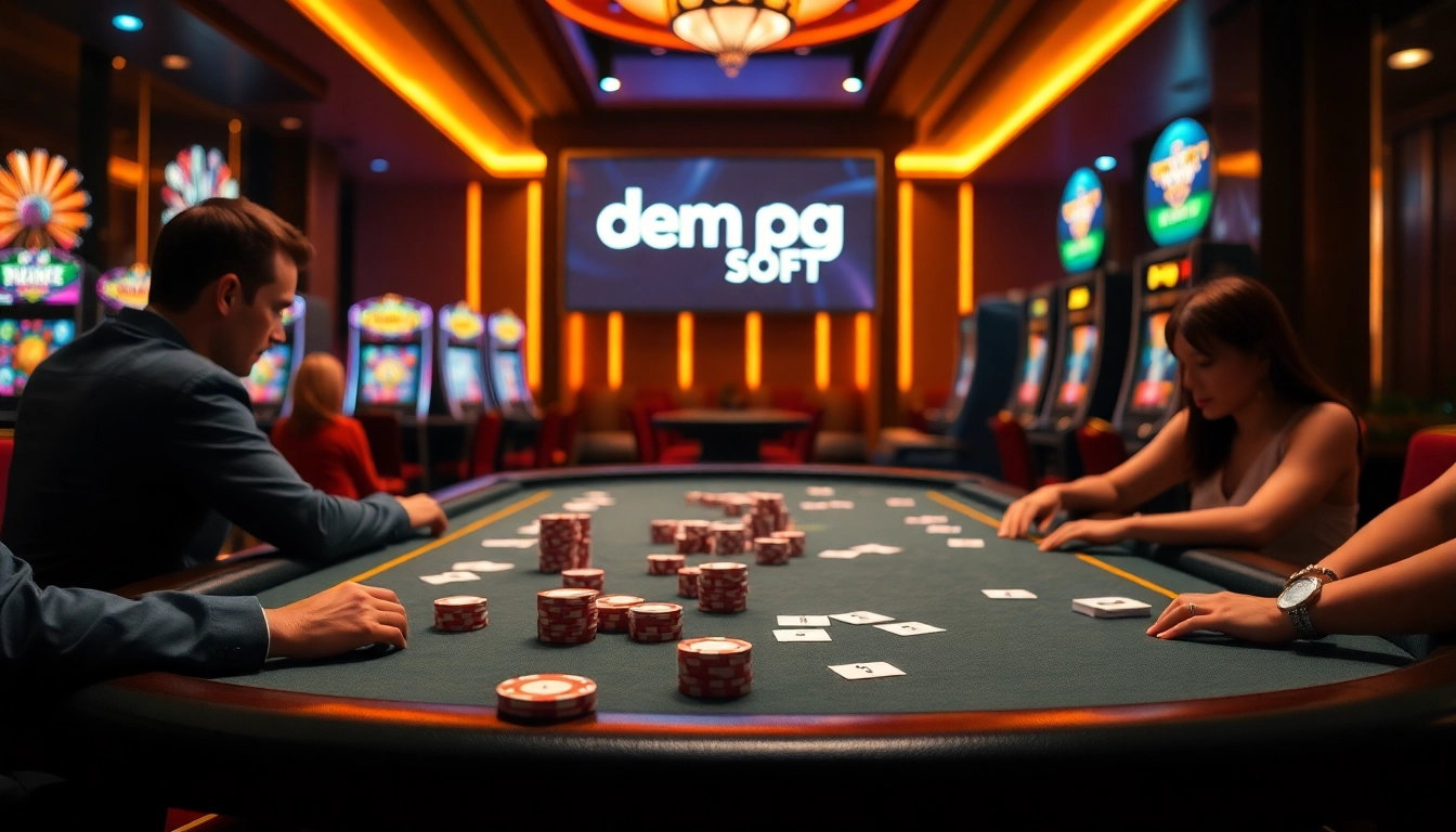 Excited players engaging with demo pg soft slots and poker at an upscale casino table.