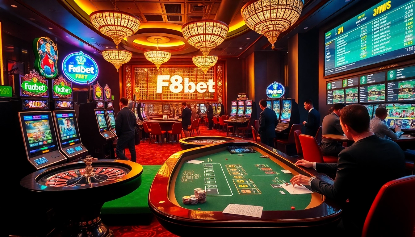 F8bet casino scene showcasing vibrant slot machines and action at a poker table.