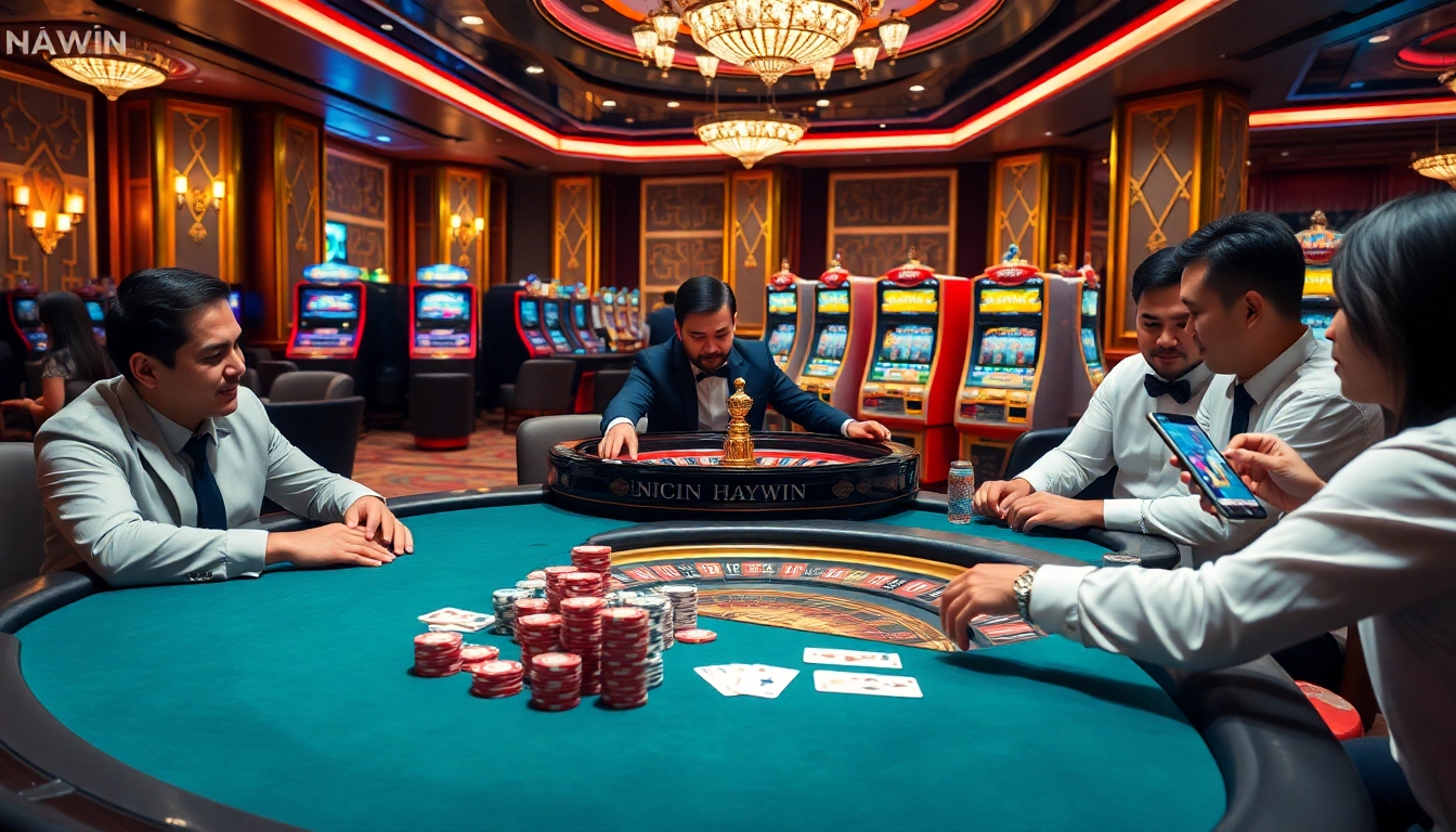 Engage in the thrilling atmosphere of NHÀ CÁI HAYWIN with professional poker players at a luxurious casino table.