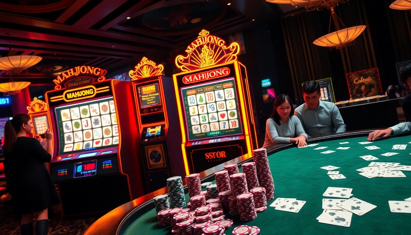 Playing mahjong slot machine with vibrant casino atmosphere and excitement