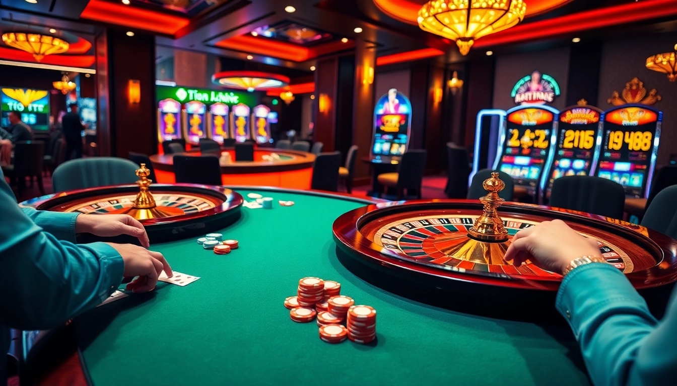 Experience high-stakes gameplay at 13win nhà cái with poker chips and a roulette wheel.