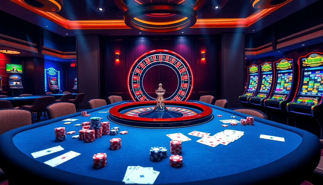 Engaging players at a sophisticated 789win online casino with vibrant poker chips and roulette wheels.
