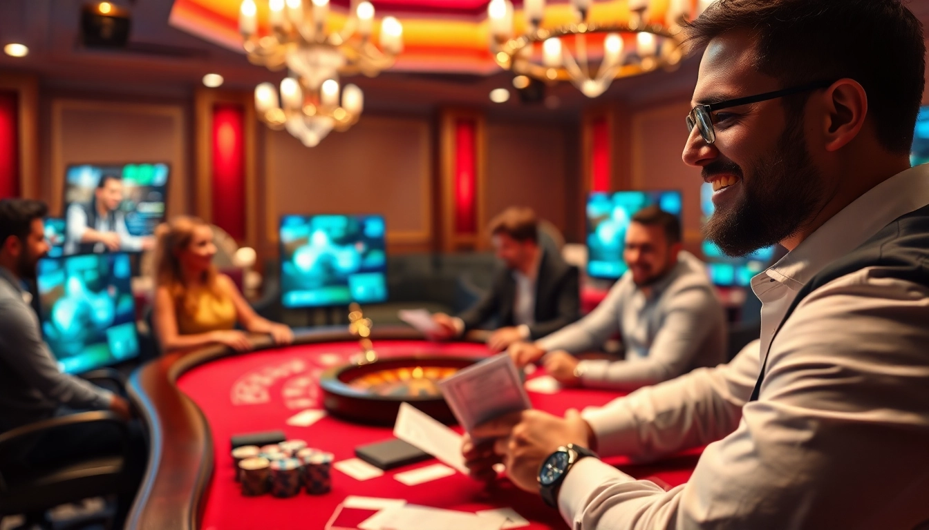 Engaging scene illustrating วิธีแทง CS:GO บน E1 Sport สำหรับมือใหม่ with gamblers at a casino table.