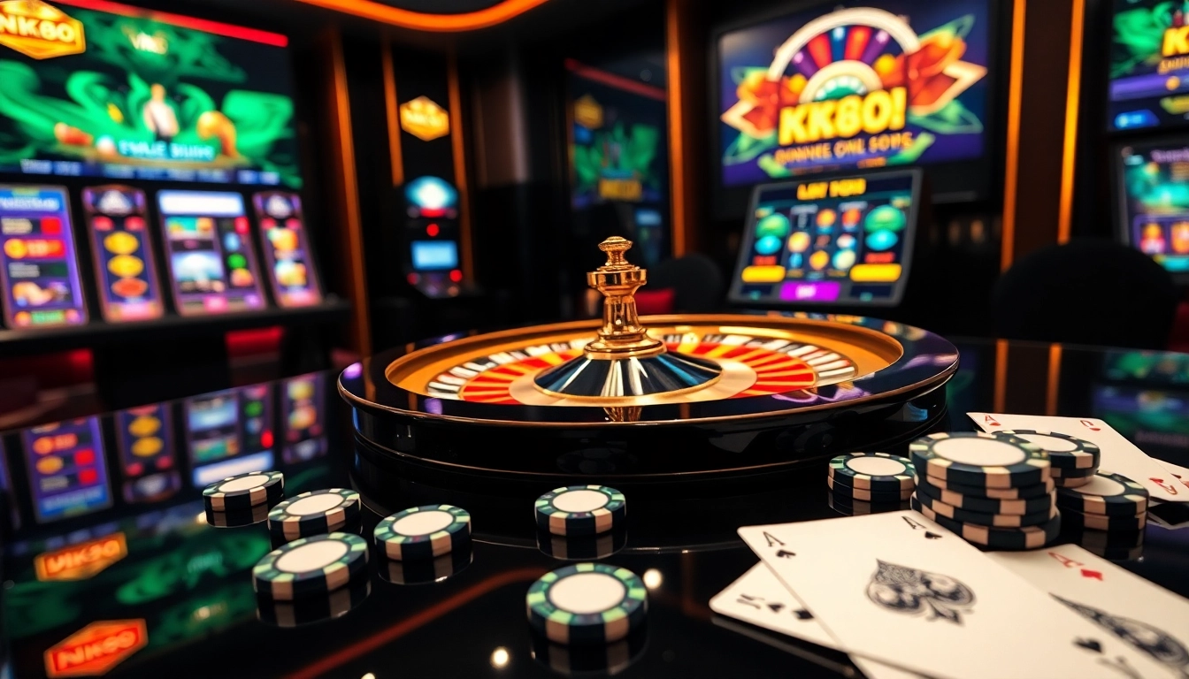 NK88 vin vibrant casino scene highlighting winning poker chips and authentic roulette wheel action