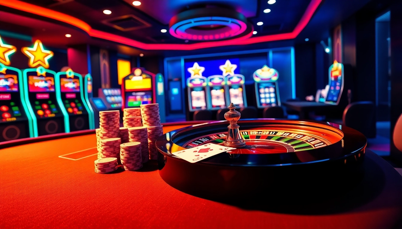 Engaging players at i9bet with a vibrant casino scene featuring a poker table and slot machines.