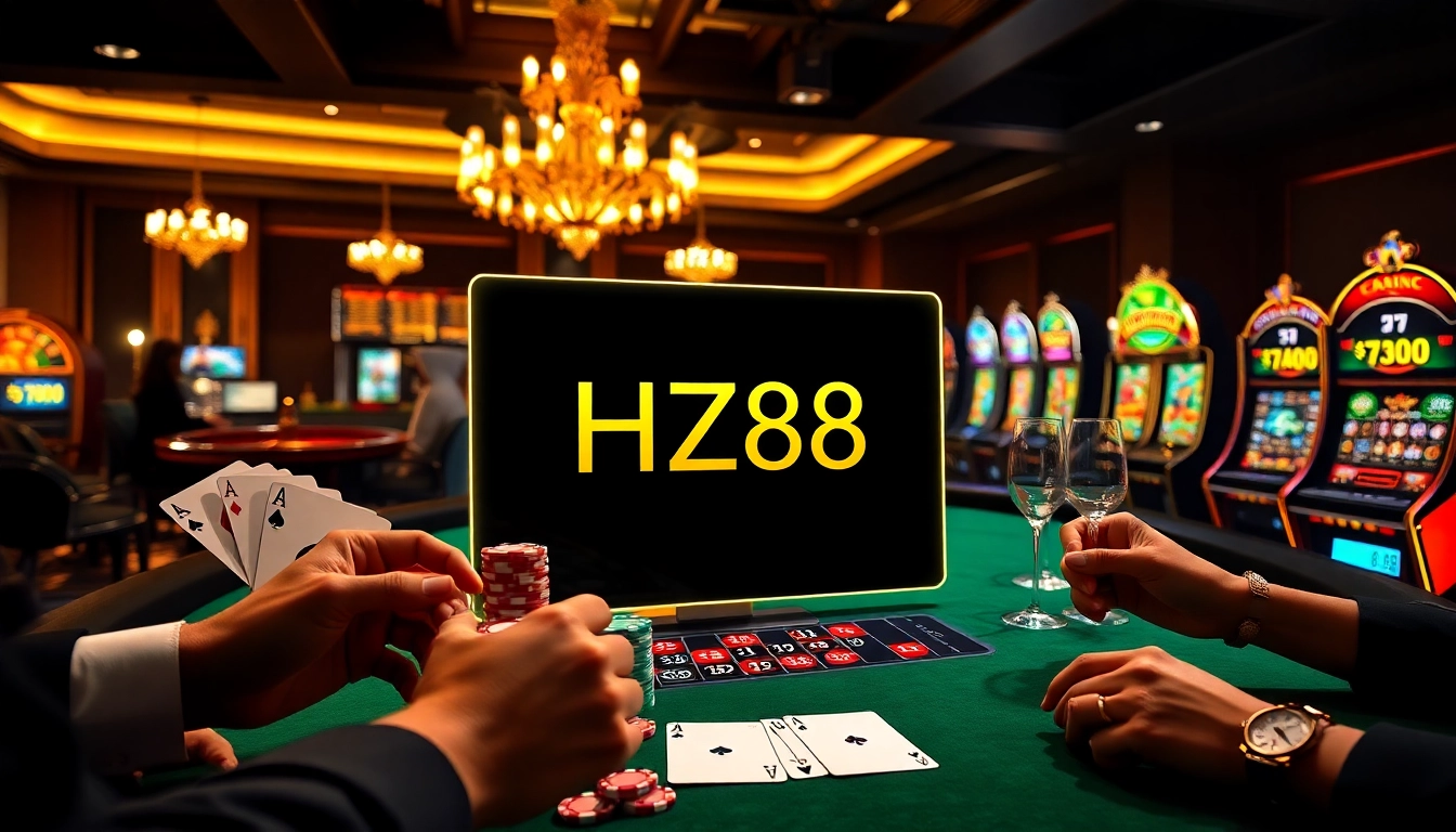 HZ88 online casino showcasing strategic poker chips, cards, and roulette wheel action