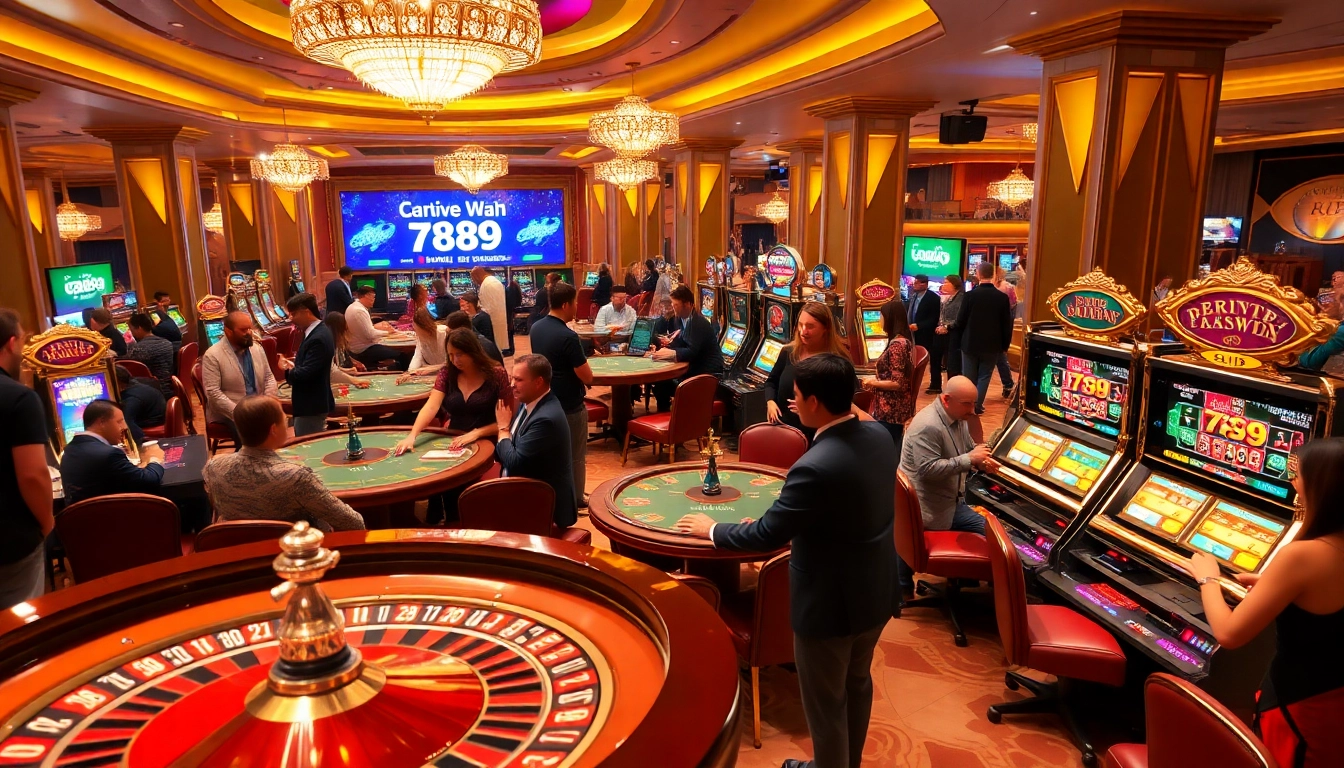 Visual depiction of casino excitement at 789win with players at tables and slot machines.