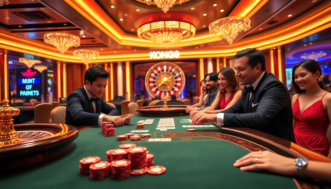 KONG88 players celebrating a jackpot win at a vibrant casino table filled with chips and cards.