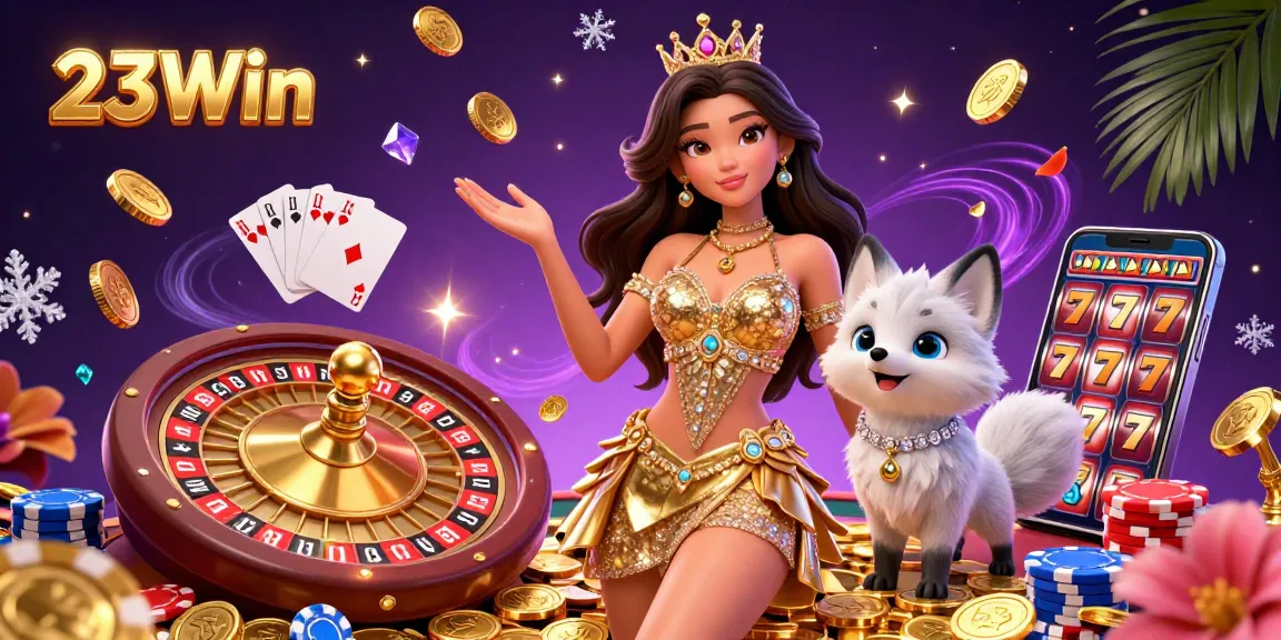 Experience thrilling wins at 23Win with a captivating casino scene filled with golden coins and vibrant game elements.