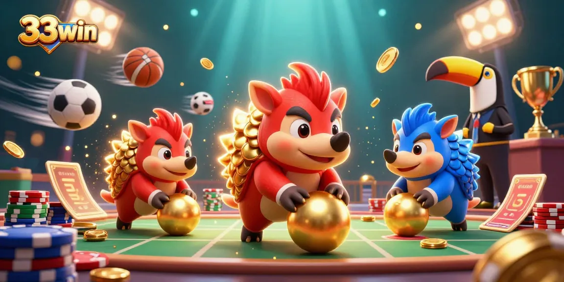 Engage with the exciting 33win gaming experience as pangolins roll through poker chips in a vibrant casino