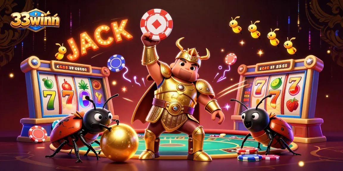 Engage in the thrill of winning at 33winn with a 3D illustrated beetle lifting a poker chip, showcasing vibrant casino elements.